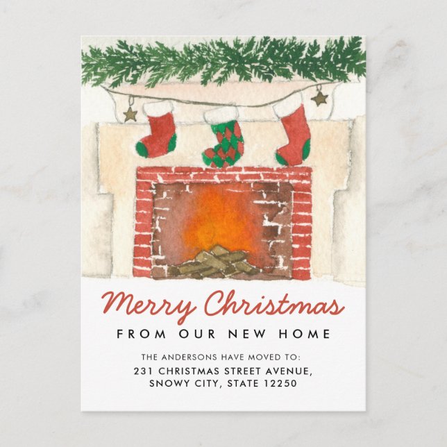 Merry Christmas Stockings Fireplace Holiday Moving Announcement Postcard (Front)