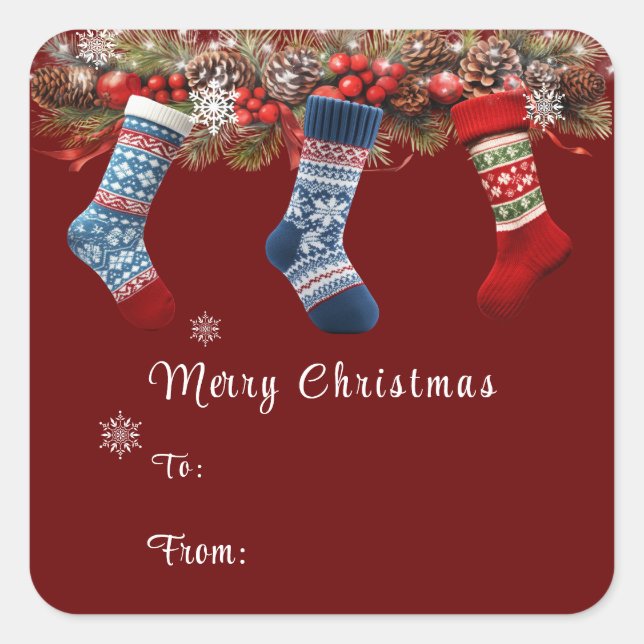 Merry Christmas Stockings Pine Cone Garland   Square Sticker (Front)