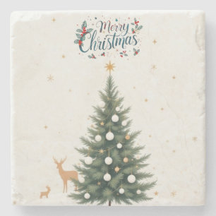 Merry Christmas Stone Coaster with Christmas Tree 
