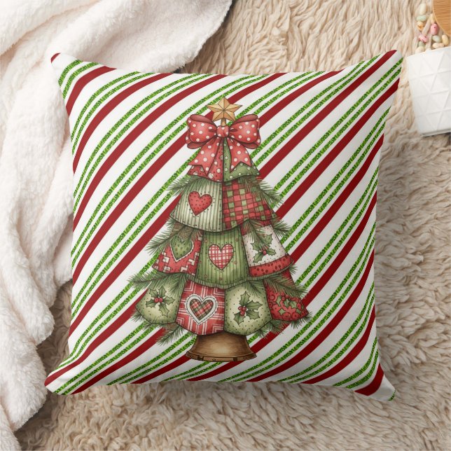 Merry Christmas Striped With Tree Cushion (Blanket)