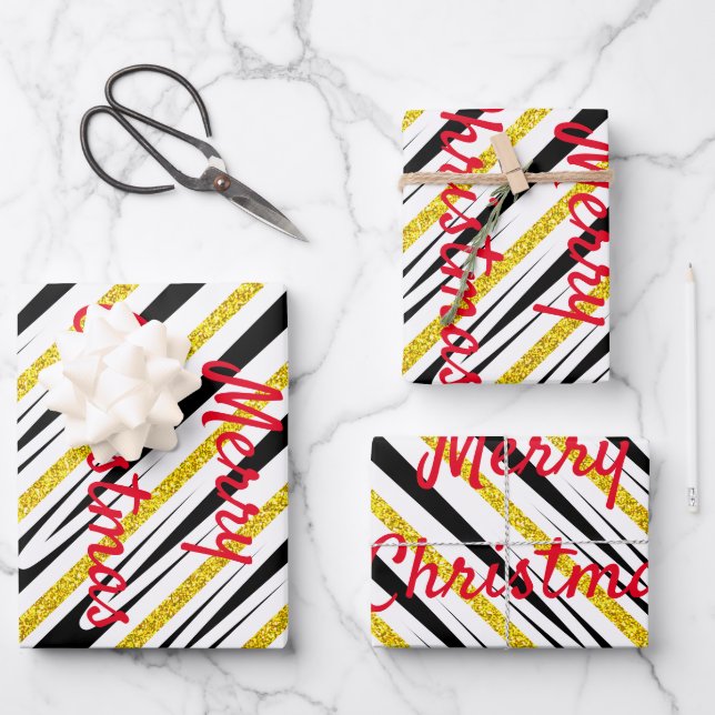 Merry Christmas Stripes Pattern Gold Glitter Artsy Wrapping Paper Sheet (Front)