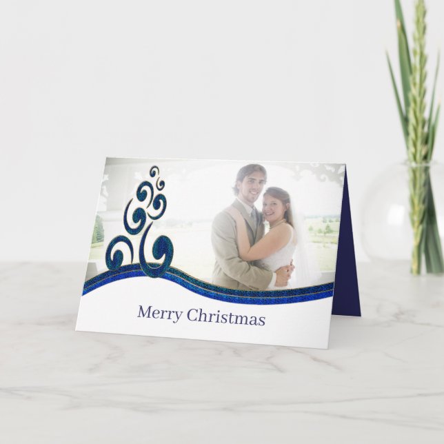 Merry Christmas Stylised Navy Blue Tree Photo Holiday Card (Front)