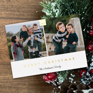 Merry Christmas Stylish Minimal 2 Photo Real Gold Foil Holiday Card