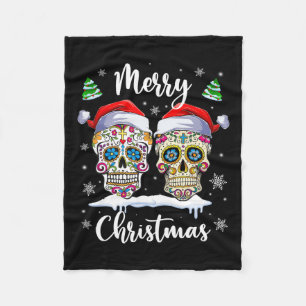 Merry Christmas Sugar Skull Santa Hat Family Xmas  Fleece Blanket