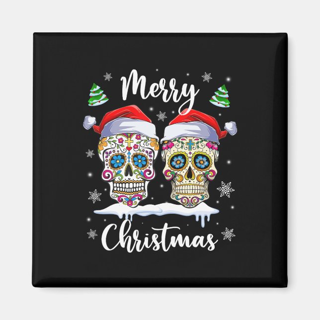 Merry Christmas Sugar Skull Santa Hat Family Xmas  Magnet (Front)