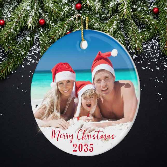 Merry Christmas Sunny Family Photo Ceramic Ornament (Front - Merry Christmas Family Photo Tree Decoration)