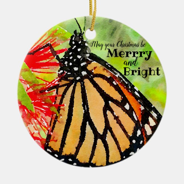 Merry Christmas Sunshine Monarch Butterfly Ceramic Ornament (Front)