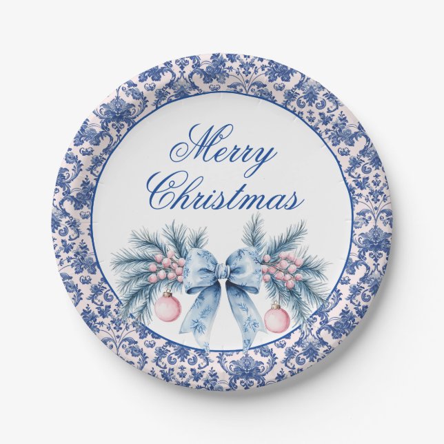 Merry Christmas  Swag with Ornaments and Bow Paper Plate (Front)