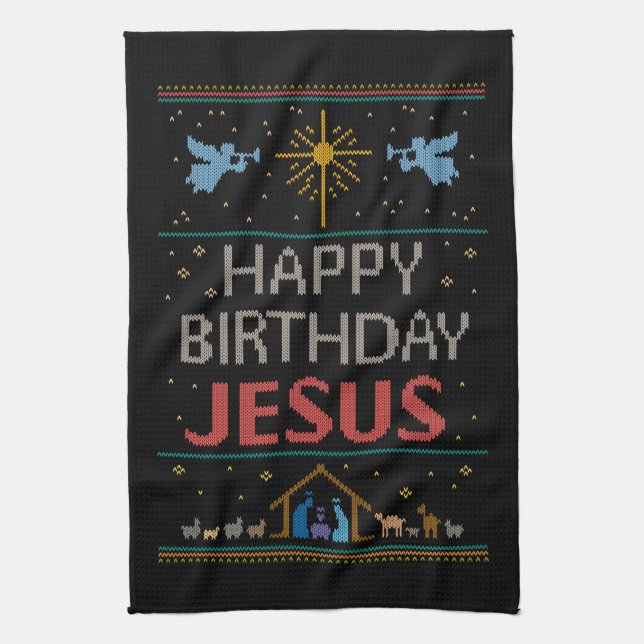 Merry Christmas Sweater Happy Birthday Jesus Tea Towel (Vertical)