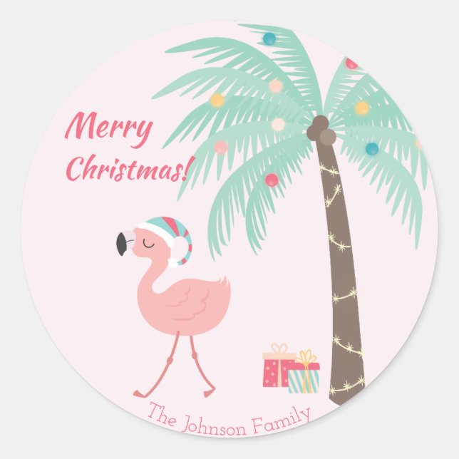 Merry Christmas  -  Sweet Tropical Santa Flamingo Classic Round Sticker (Front)