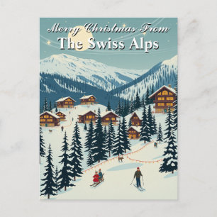 Merry Christmas Swiss Alps Alpine Ski Village Postcard