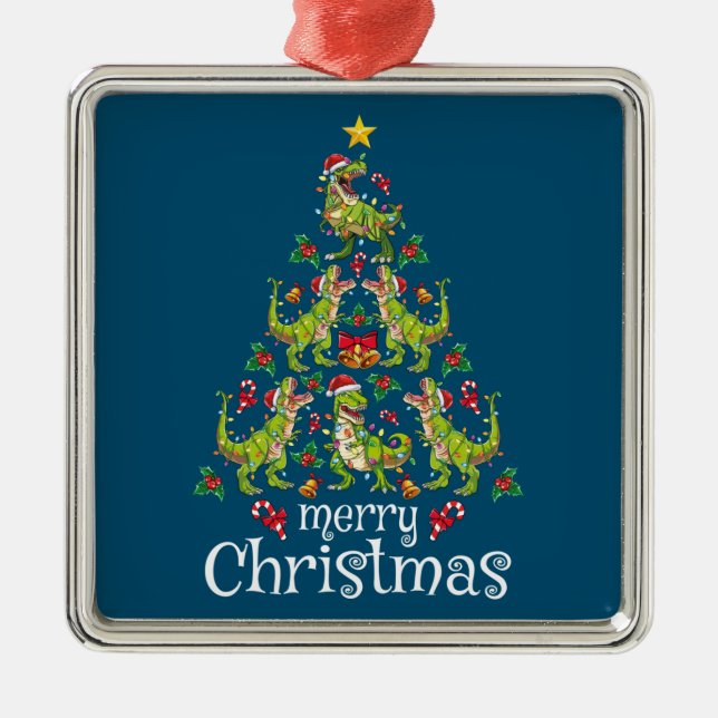 Merry Christmas T Rex Boys Kids Christmas Tree Rex Metal Ornament (Front)