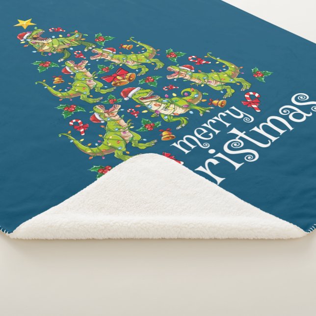 Merry Christmas T Rex Boys Kids Christmas Tree Rex Sherpa Blanket (3/4)