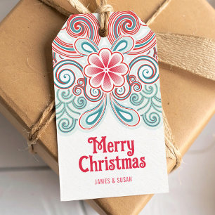 Merry Christmas tag with Red and Green Fowers