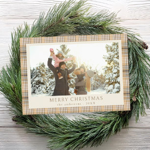 Merry Christmas Tan Plaid Photo Holiday Card