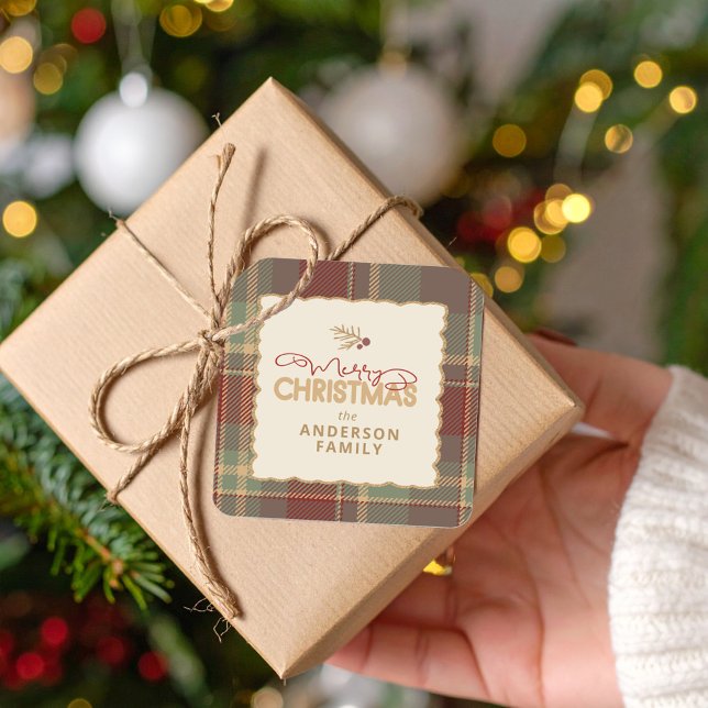 Merry Christmas Tartan Border ID1141A Square Sticker (Creator Uploaded)