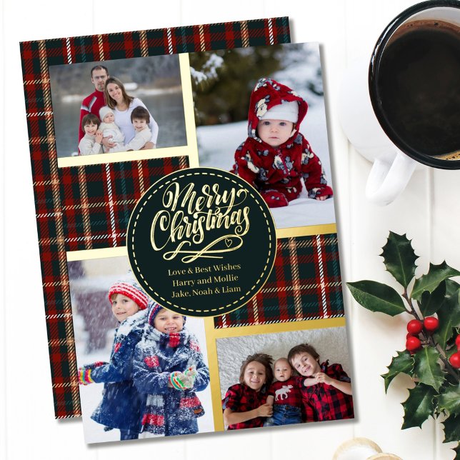 Merry Christmas Tartan Plaid 4 Photo Collage Gold Foil Holiday Card (Creator Uploaded)