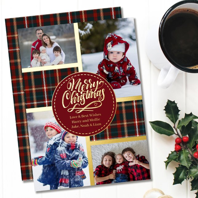 Merry Christmas Tartan Plaid 4 Photo Red and Gold Foil Holiday Card (Creator Uploaded)