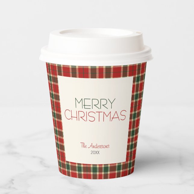 Merry Christmas Tartan Plaid Custom Paper Cups (Front)
