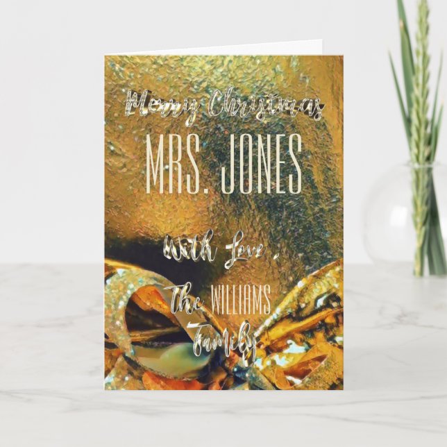 Merry Christmas Teacher Faux Gold Ribbon Holiday Card (Front)