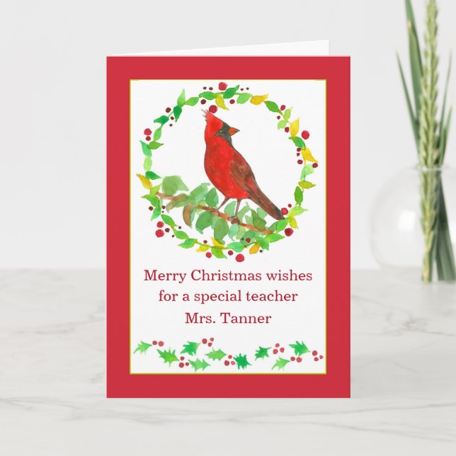 Merry Christmas Teacher Red Cardinal Bird Custom Card (Front)
