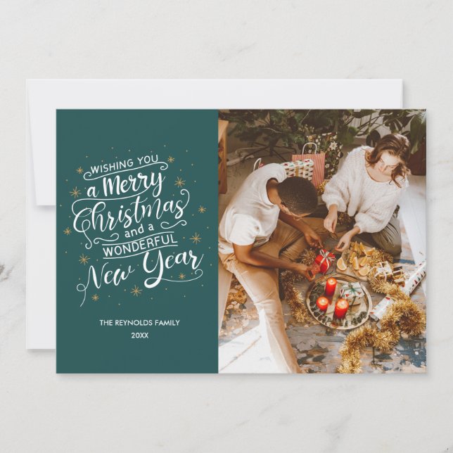 Merry Christmas Teal Family Photo Holiday Card (Front)