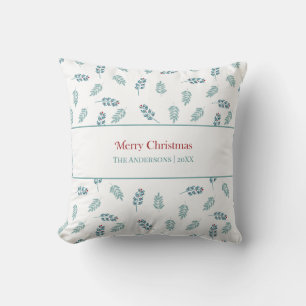 "Merry Christmas" Teal Mistletoe Throw Pillow