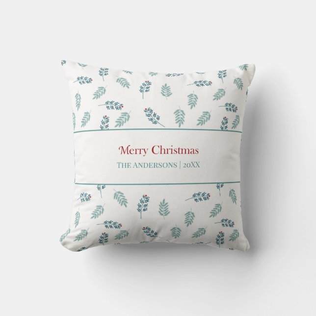 "Merry Christmas" Teal Mistletoe Throw Pillow (Front)