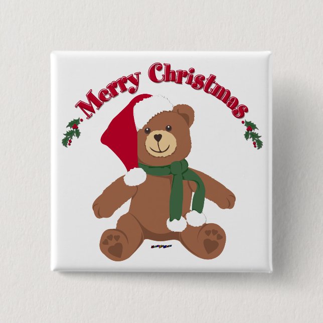 Merry Christmas Teddy Bear 15 Cm Square Badge (Front)