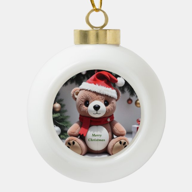 Merry Christmas Teddy Bear Ceramic Ball Christmas Ornament (Front)