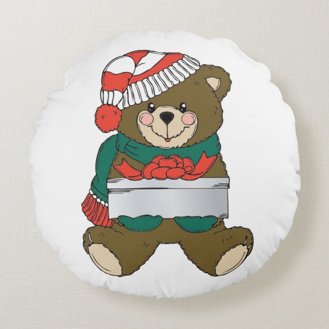 "MERRY CHRISTMAS" TEDDY BEAR ROUND CUSHION (Front)