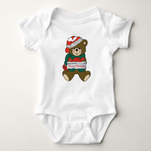 Merry Christmas Teddy Bear with Present Baby Bodysuit