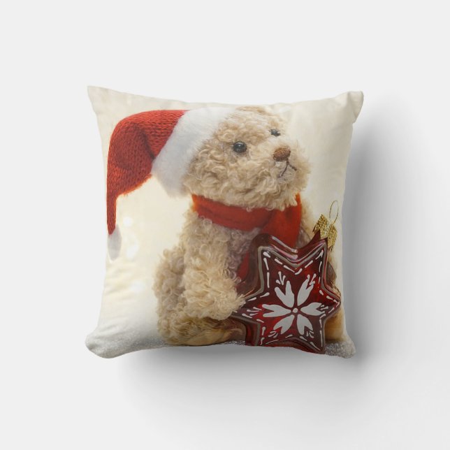 Merry Christmas,Teddy Bear With Santa Hat Cushion (Front)