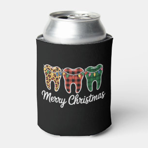 Merry Christmas Teeth Leopard Plaid Lights Dentist Can Cooler