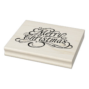Merry Christmas text, bells and holly Rubber Stamp