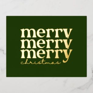 Merry Christmas Text Greeting on Green Gold Foil Holiday Postcard