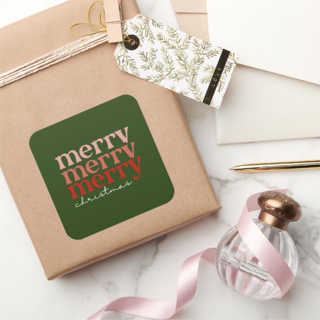 Merry Christmas Text Greeting Red and Green Square Sticker (Gifting)