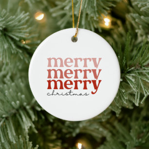 Merry Christmas Text Greeting Red and White Ceramic Ornament