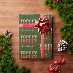 Merry Christmas Text Greeting Red & Green Pattern Wrapping Paper