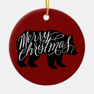 Merry Christmas text in Bear Ceramic Ornament