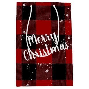 Merry Christmas Text In Snowflakes On Plaid   Medium Gift Bag