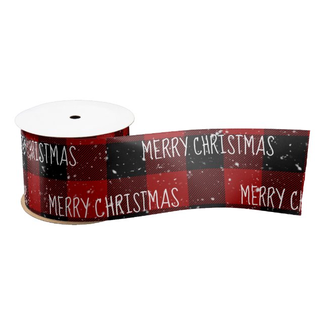 MERRY CHRISTMAS Text On Buffalo Plaid Satin Ribbon (Spool)