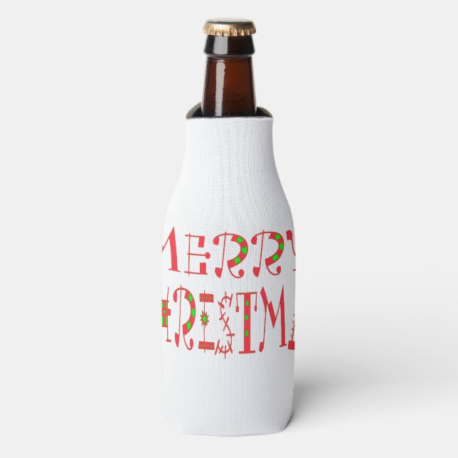 Merry Christmas Text Pattern Design: Festive  Art Bottle Cooler (Bottle Front)
