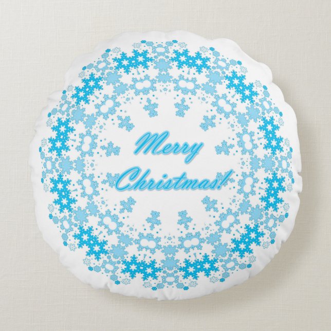 Merry Christmas text round frame snowflake blue wh Cushion (Front)