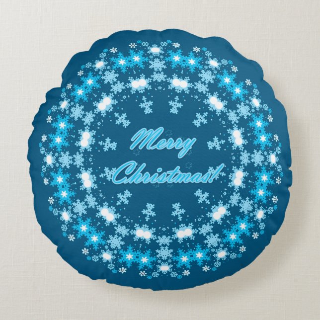 Merry Christmas text round frame snowflake blue wh Cushion (Front)