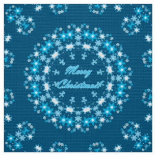 Merry Christmas text round frame snowflake blue wh Fabric