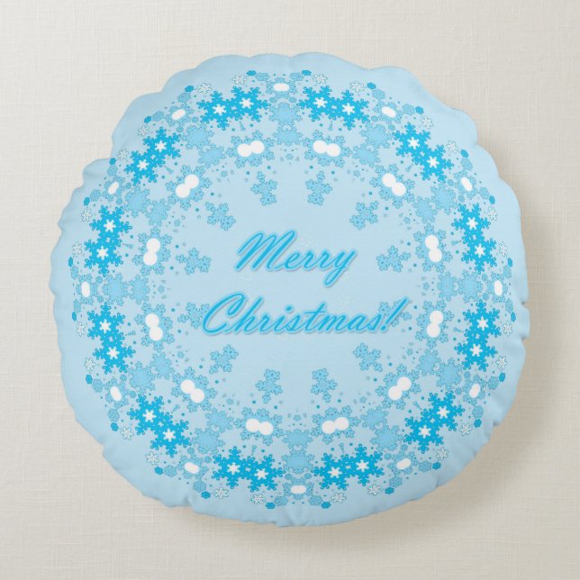 Merry Christmas text round frame snowflake blue wh Round Cushion (Front)