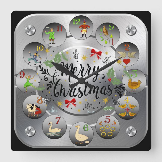 Merry Christmas ~ The 12 Days Of Christmas ~ Square Wall Clock (Front)