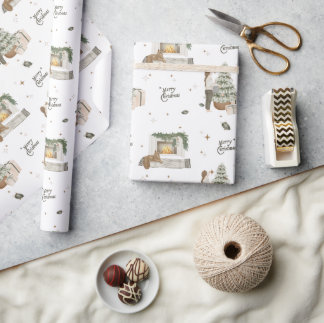 Merry Christmas Theme Scene Neutral Pine Gift Wrapping Paper