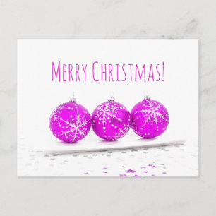 Merry Christmas Three Baubles Star Hot Pink White Holiday Postcard